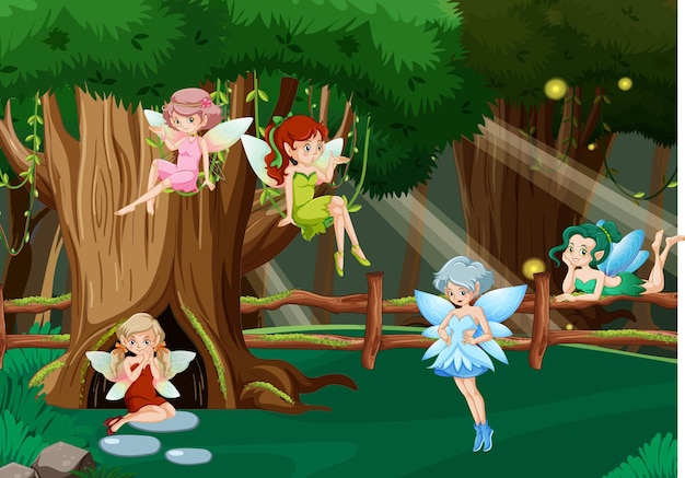 Vector fantasy forest with cute fairies