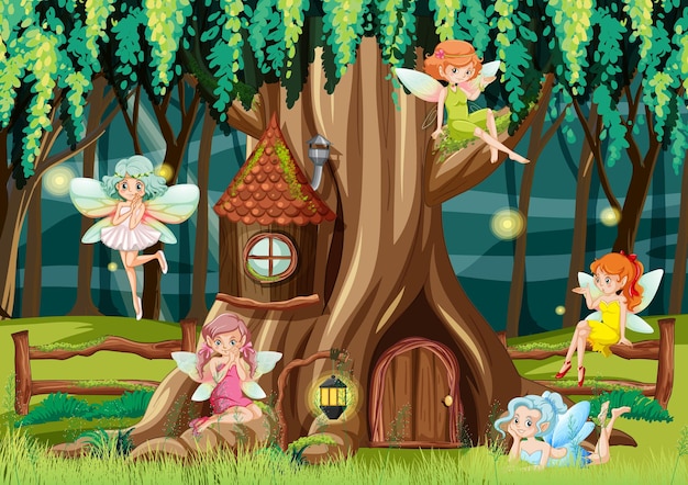 Fantasy forest with cute fairies