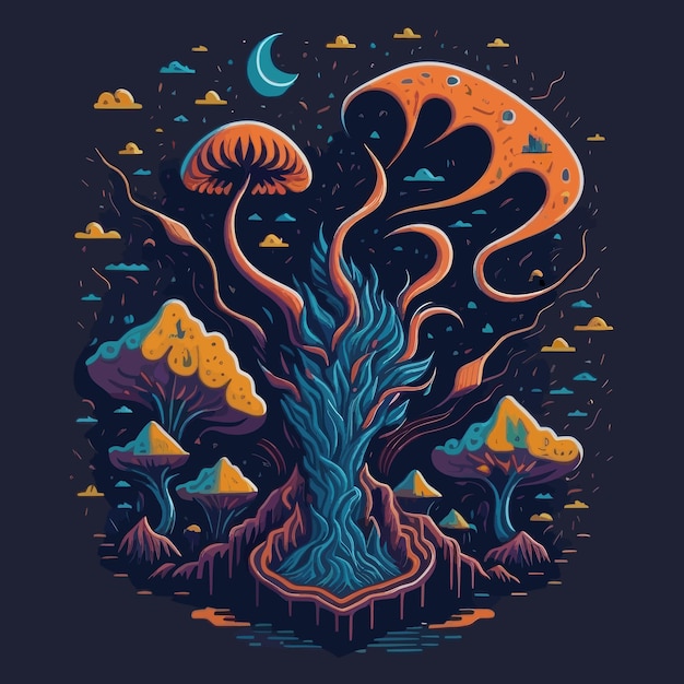 Fantasy forest with mushrooms vector illustration on dark blue background