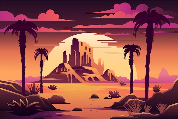 Fantasy futuristic desert landscape neon sunset palm trees clouds oasis island Ancient ruins