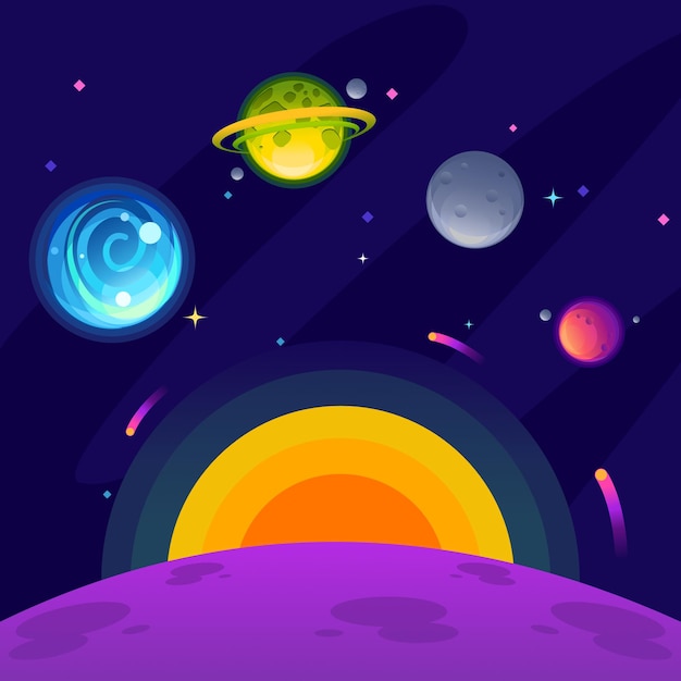 A fantasy galaxy consisting of blue green grey and magenta planets