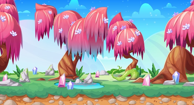 Vector fantasy game landscape, seamless background with cartoon fairy forest.