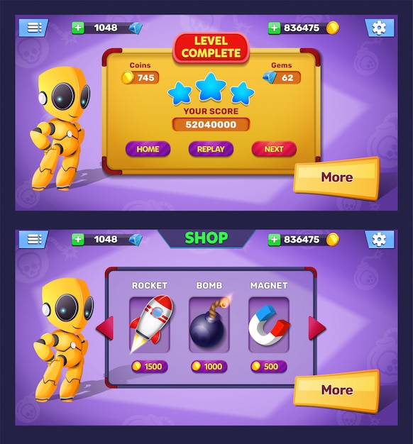 ファンタジーゲームレベルの完了とショップメニューのポップアップ画面