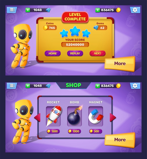 Vector fantasy game level complete and shop menu pop up screen