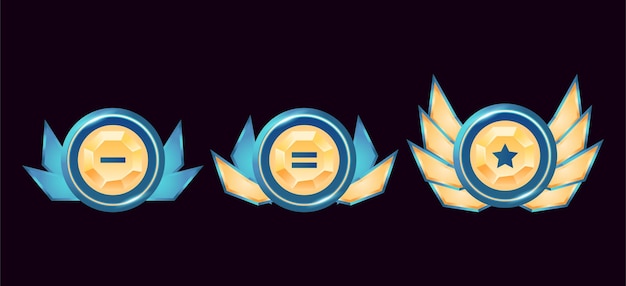 Fantasy game ui medaglie badge rango diamante dorato arrotondato lucido con le ali
