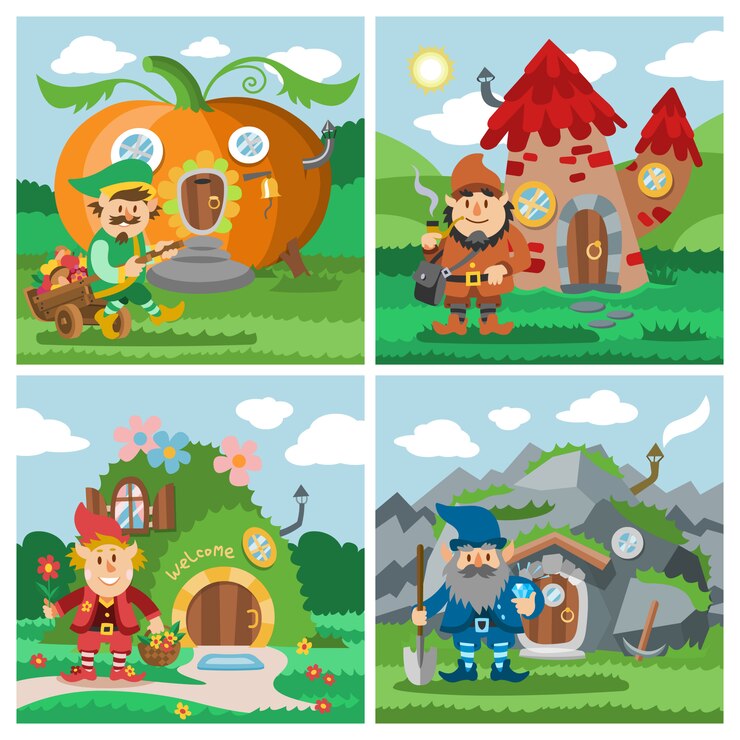 वेक्टर fantasy gnome house set
