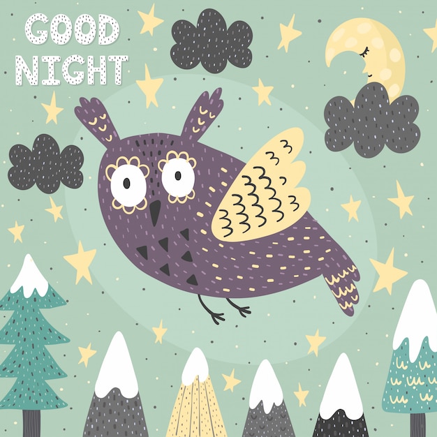 Vector fantasy good night card with a cute owl.