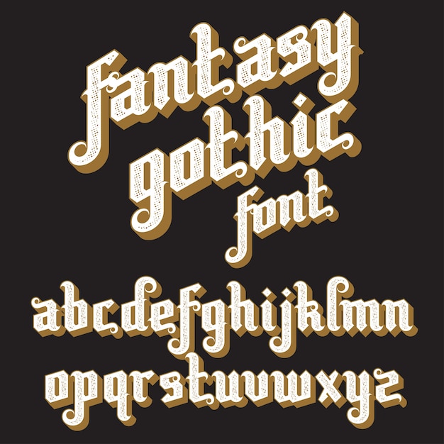 ベクトル ファンタジーゴシックフォント。レトロなヴィンテージアルファベット。暗い背景にカスタムタイプの文字。