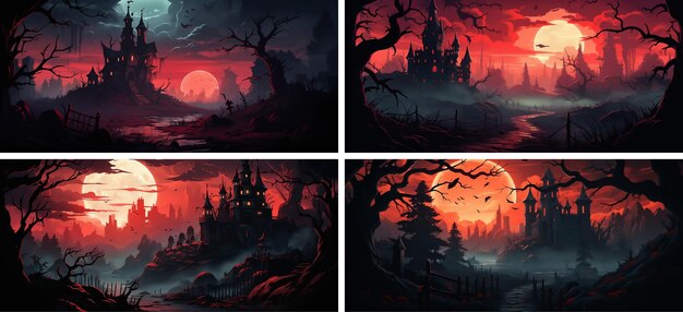 Vector fantasy haunted moonlight mystery silhouette fear darkness evil moon bat ghost horror spooky