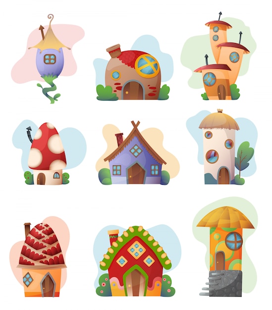 Vector fantasy house set vector cartoon fairy treehouse and housing village illustration set of kids fairytale playhouse