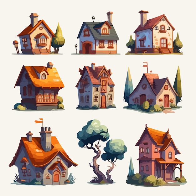 Fantasy houses vector set of illustrations in cartoon style