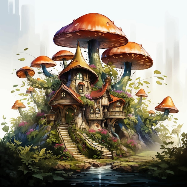 fantasy illustration forest mushroom fairy green house magical fairytale landscape tree nature