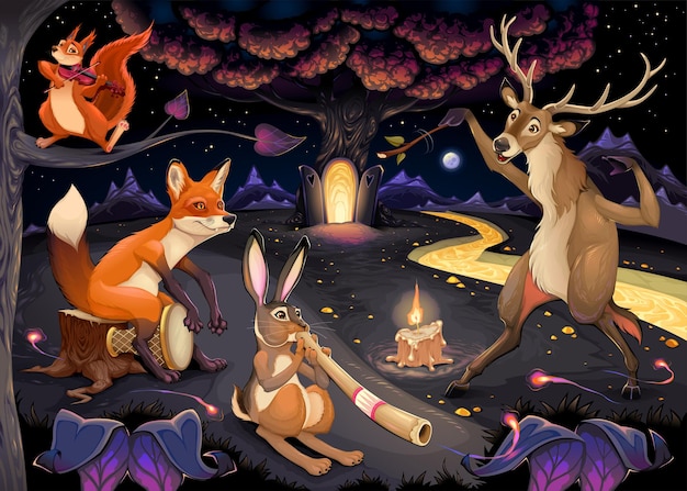 Illustrazione di fantasia con animali che suonano musica nel bosco