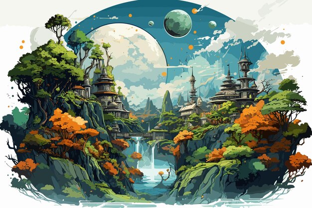 Vector fantasy island floating in the blue sky city in the clouds temple on top of mountain