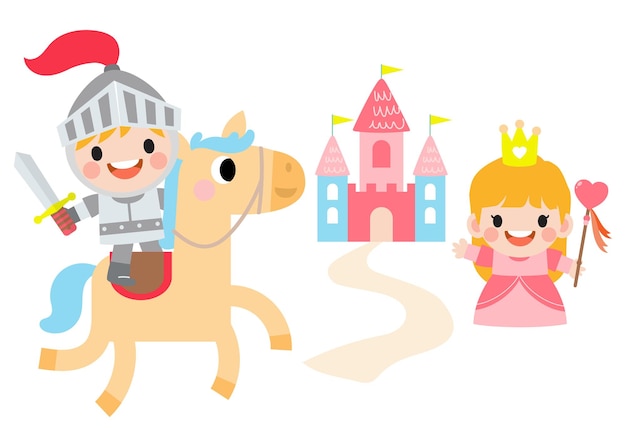 Vector fantasy knight princess and dragon prince on horseback holding sword fights with dragon