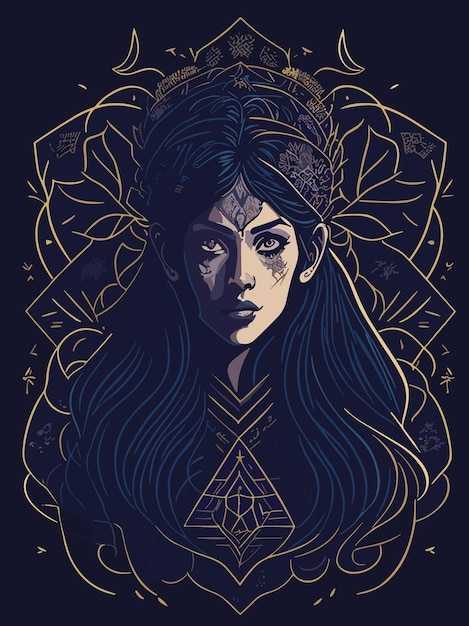 Vector fantasy lady face with crown illustration artwork