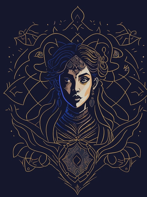 Premium Vector | Fantasy lady face with engraving border illustration ...