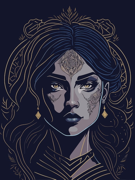 Vector fantasy lady face with engraving border illustration artwork