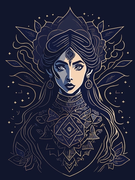 Fantasy lady face with engraving border illustration artwork
