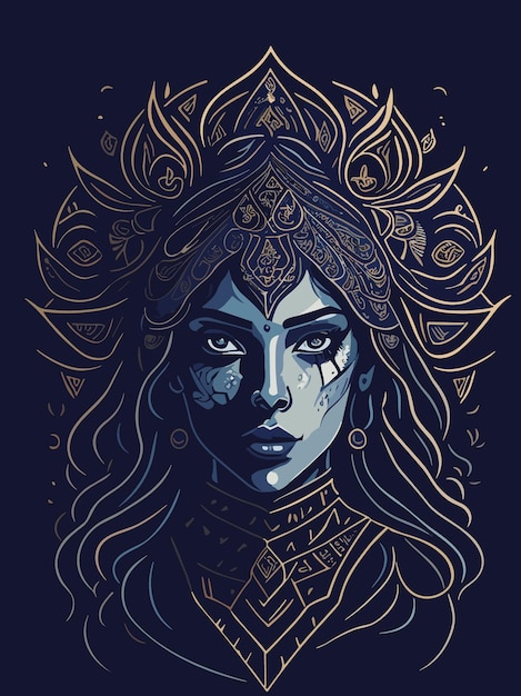 Premium Vector | Fantasy lady face with engraving border illustration ...