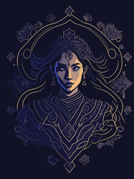 Premium Vector | Fantasy lady face with engraving border illustration ...