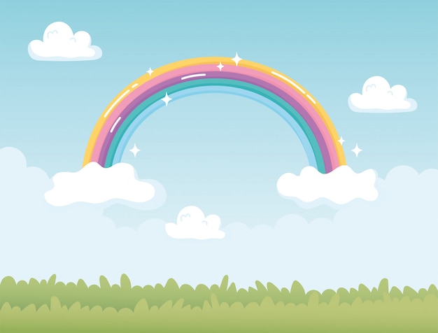 Fantasy landscape nature rainbow with clouds cartoon