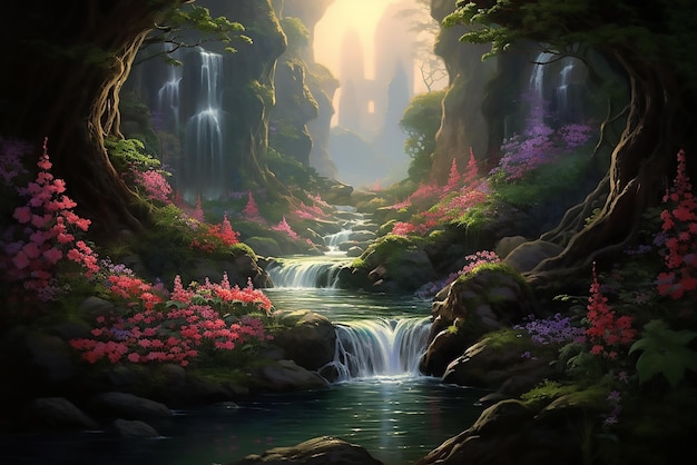 Fantasy landscape river and forest in late summer