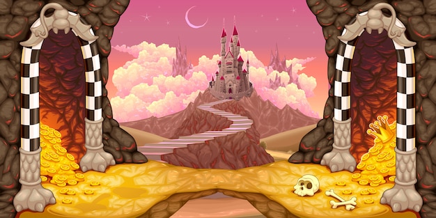 Fantasy landscape with castle, caverns and treasure