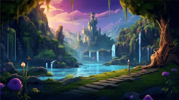 Vector a fantasy landscape with a castle and a river