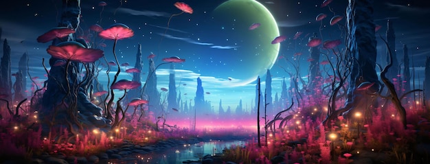 Fantasy landscape with a fantastic alien planet 3D illustration