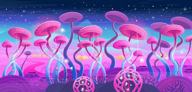 Paesaggio di fantasia con piante e funghi magici. illustrazione dello spazio.