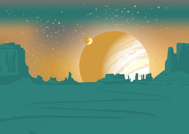 Vector fantasy landscape with planets