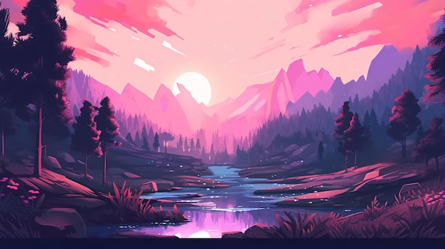 Fantasy landscape with a river and a forest Vector illustration