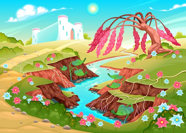 Vector fantasy landscape with river, tree and castle