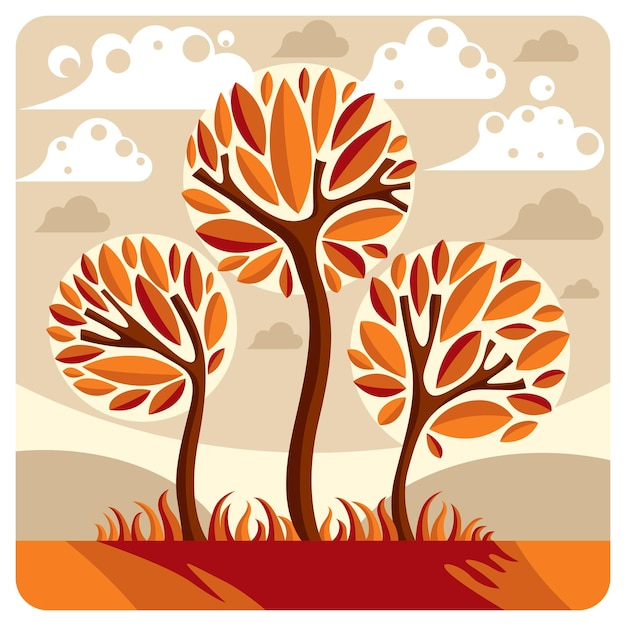 Vector fantasy landscape with stylized tree, peaceful scene. season theme vector illustration, ecology idea image.