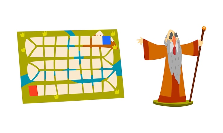 Vector fantasy magic board game user interface set map and old wizard with magic staff cartoon vector illustration