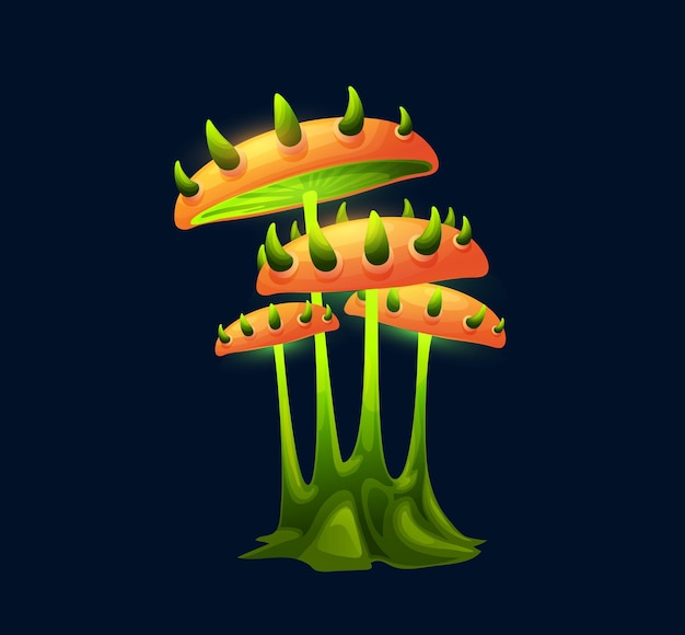 Fantasy magic mushroom with thorns on cap. Vector fungi of unusual shape with green spikes, thin stipe and bright glowing hats. Natural element for fairy tale ui game interface, cartoon alien plant