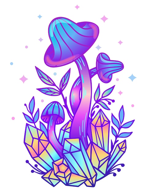 Fantasy Magic mushrooms Crystal magic mushroom mascot logo Psychedelic hallucination 60s hippie