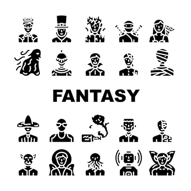 ファンタジーと魔法のキャラクター アイコン セット ベクトル ゾンビとゴースト天使と王が燃えるとフランケインシュタインミイラと吸血鬼妖精とスチーム パンクな文字グリフ絵文字黒イラスト