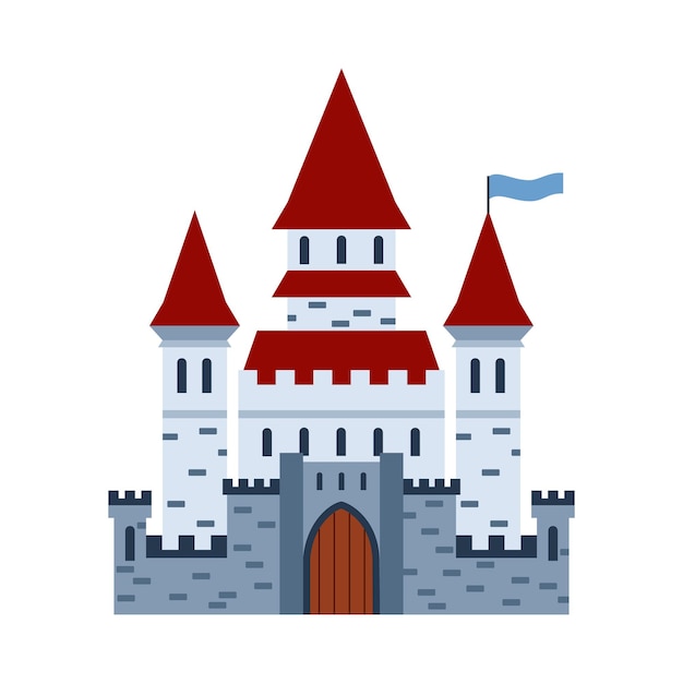 Fantasy medieval brick stone castle flat cartoon vector illustration isolated