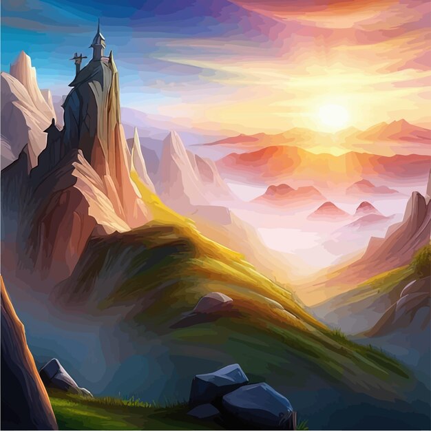 Vector fantasy mountain landscape with clouds and fog nature vector illustration