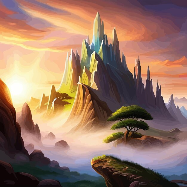 Vector fantasy mountain landscape with clouds and fog nature vector illustration