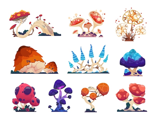 Vector fantasy mushrooms cartoon grebes alien nature unusual flora magical ingredient with poisonous or psychedelic effects collection of fantastic colorful toadstools vector flat set