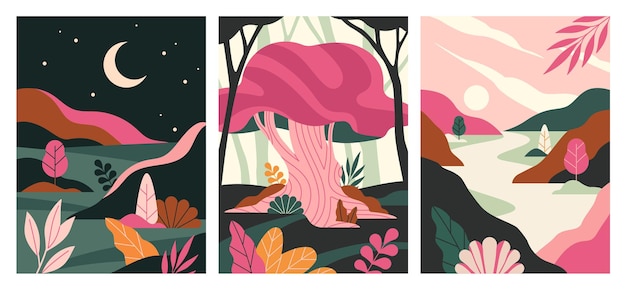 Фантастические плакаты природы устанавливают абстрактные сцены с природными ландшафтами холмы возле реки и большой розовый