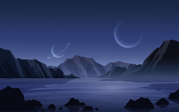 Vector fantasy night landscape with moon and saturn