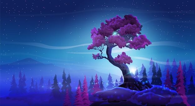 Vector fantasy night landscape with with a beautiful curved tree, mountains and tree on a starry sky background. burgundy foliage and nightly fabulous colors.