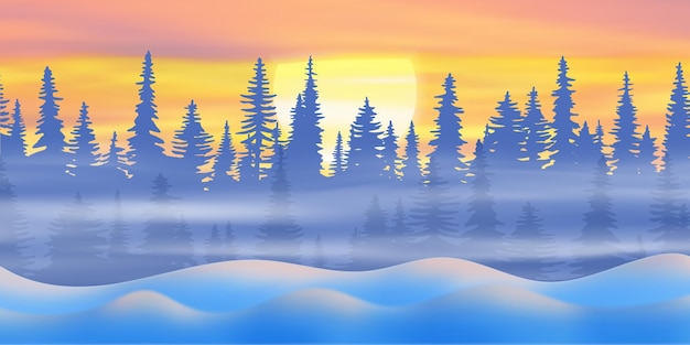 Вектор Фантазия на тему зимнего пейзажа солнце садится за деревья лес и снежные сугробы
