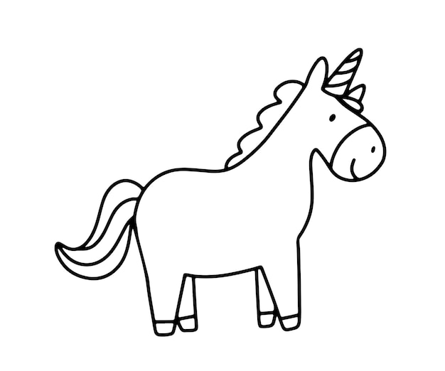 Fantasy outline cute funny unicorn for coloring page Vector doodle illustration isolated on white background