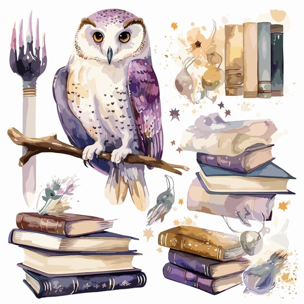 fantasy owl on books Smart bird character Watercolor style