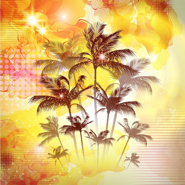 Vector fantasy palm trees at cloudy sunset vector